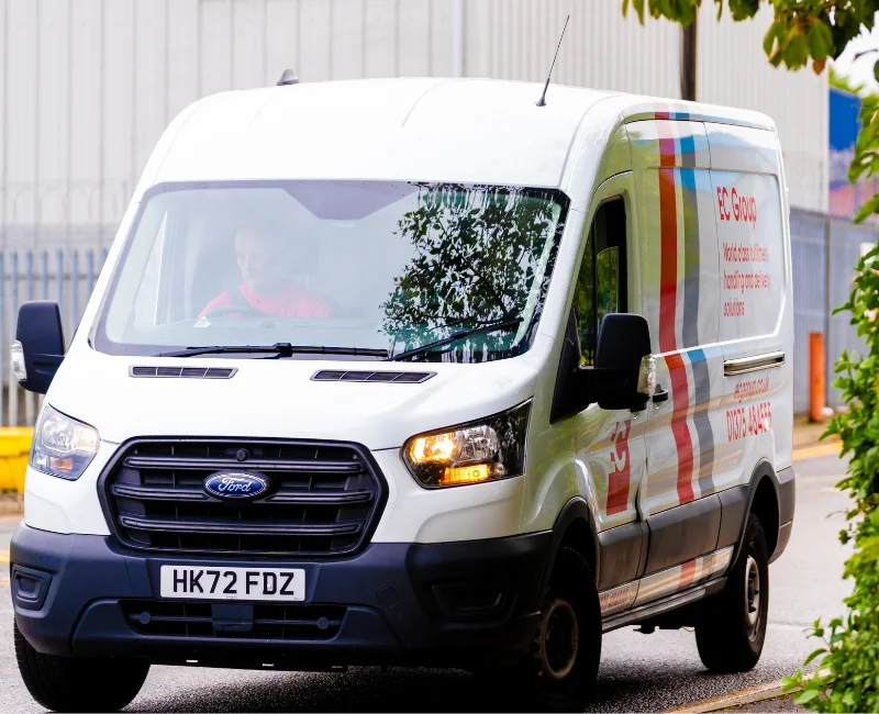 An EC Group van leaving the EC Group warehouse