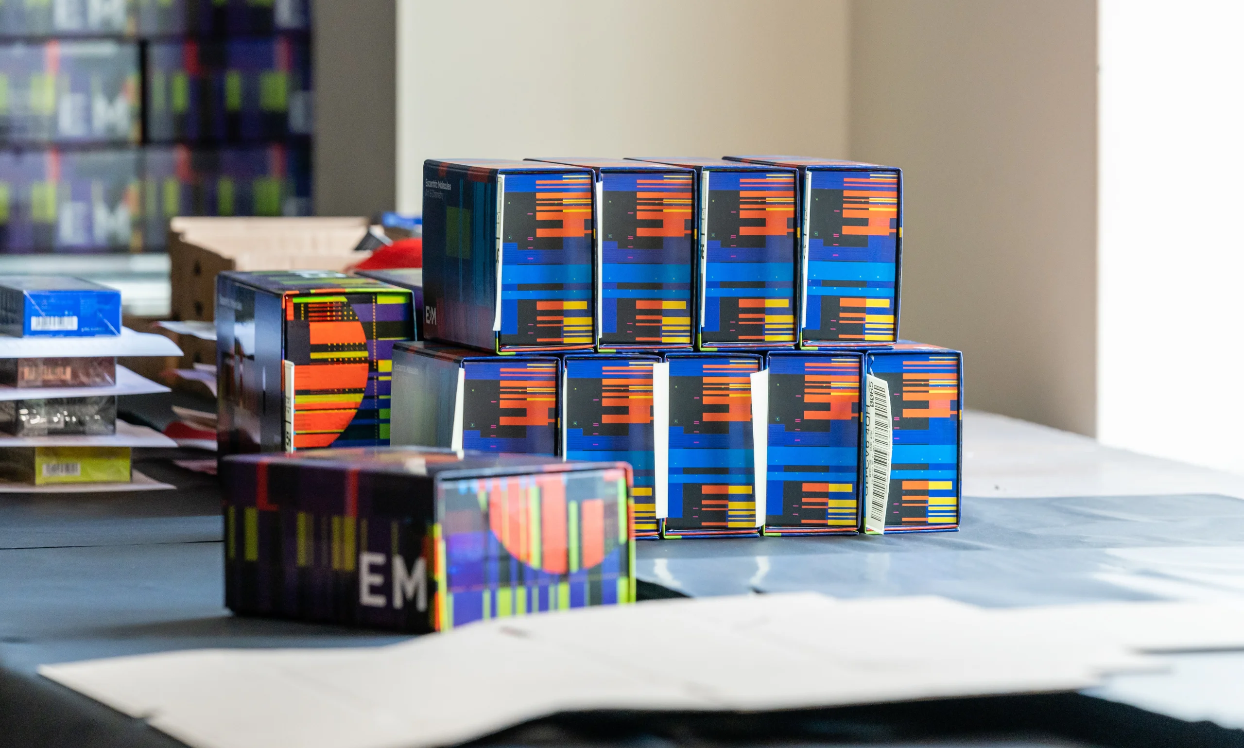 Packaged Escentric Molecules giftsets, stacked together courtesy of EC Group