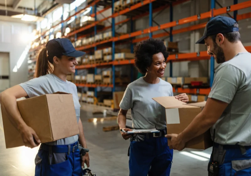 A collection of warehouse employees share stories on a warehouse floor