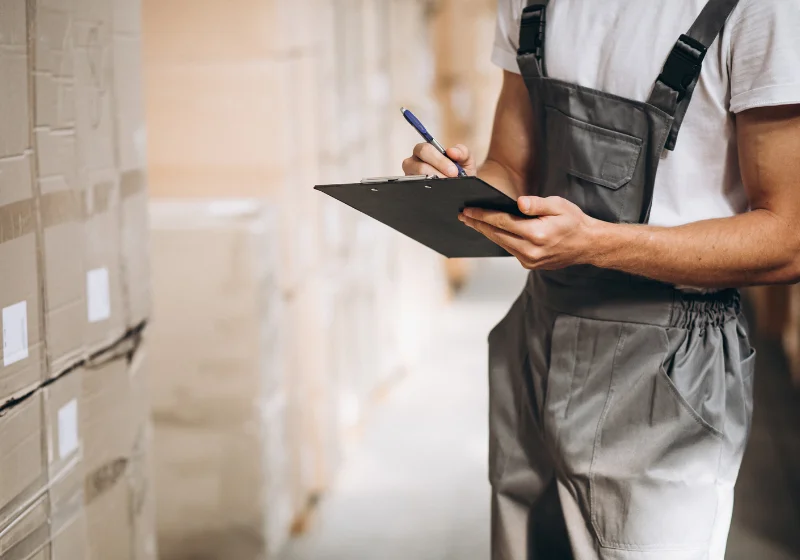 An image of a man in dungarees checking a clipboard in a warehouse