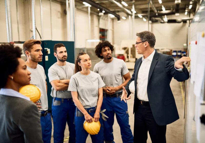 An image of a team of warehouse employees being briefed by a man at a whiteboard