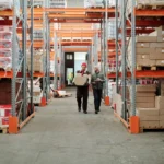 Two warehouse workers walking down an aisle of orange racking, one carrying a cardboard box and the other holding a tablet
